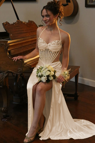 Yellow Halter Pleated Sheath Satin Long Prom Dresses With Beading