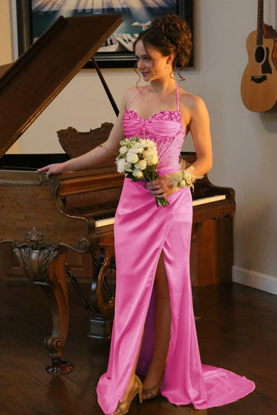 Yellow Halter Pleated Sheath Satin Long Prom Dresses With Beading