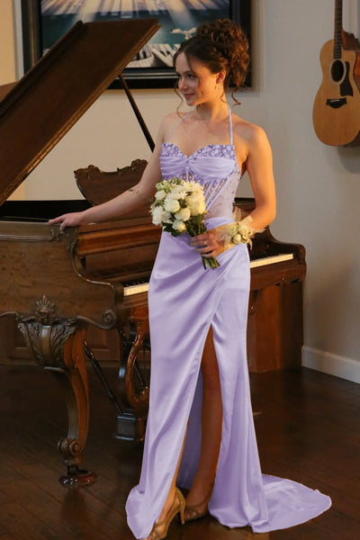 Yellow Halter Pleated Sheath Satin Long Prom Dresses With Beading