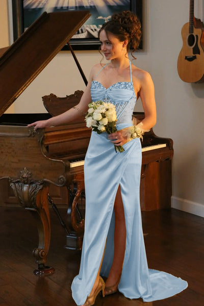 Yellow Halter Pleated Sheath Satin Long Prom Dresses With Beading