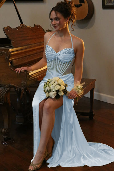 Yellow Halter Pleated Sheath Satin Long Prom Dresses With Beading