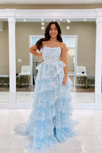 Cute A Line Strapless Light Blue Ruffle Tulle Lace Prom Dresses