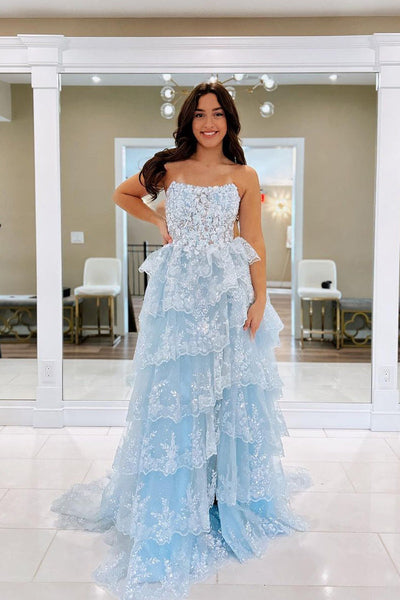 Cute A Line Strapless Light Blue Ruffle Tulle Lace Prom Dresses