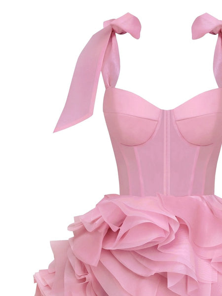 Rose Pink - A Line Organza Ruffles Corset Homecoming Dresses with Bow Straps