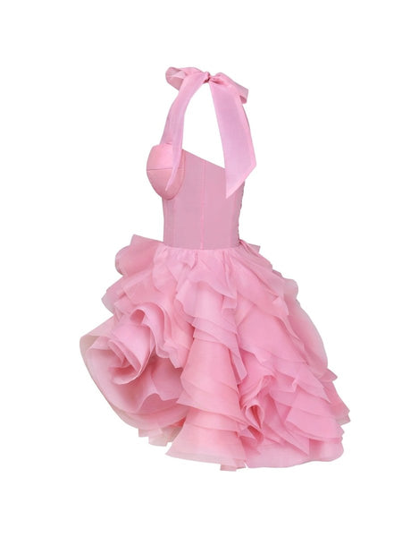 Rose Pink - A Line Organza Ruffles Corset Homecoming Dresses with Bow Straps