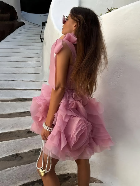 Rose Pink - A Line Organza Ruffles Corset Homecoming Dresses with Bow Straps