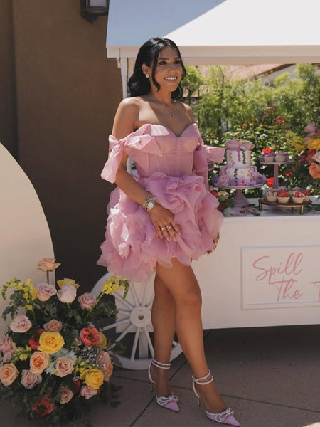 Rose Pink - A Line Organza Ruffles Corset Homecoming Dresses with Bow Straps
