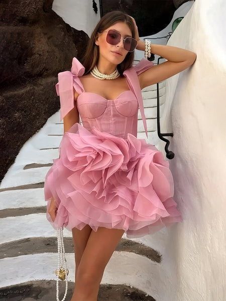 Rose Pink - A Line Organza Ruffles Corset Homecoming Dresses with Bow Straps
