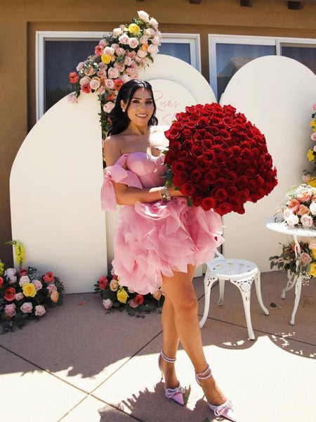 Rose Pink - A Line Organza Ruffles Corset Homecoming Dresses with Bow Straps
