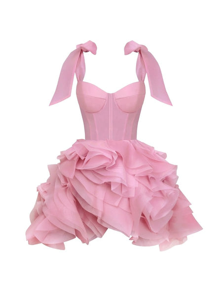 Rose Pink - A Line Organza Ruffles Corset Homecoming Dresses with Bow Straps
