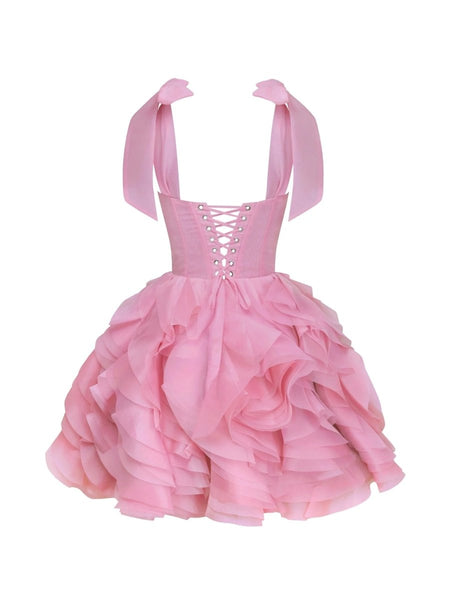 Rose Pink - A Line Organza Ruffles Corset Homecoming Dresses with Bow Straps