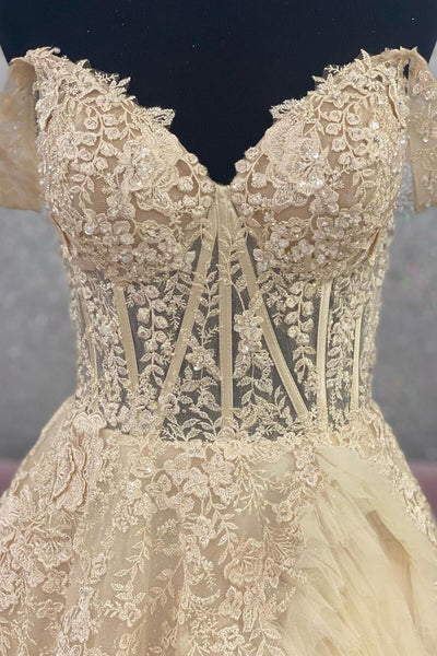 Cute Ball Gown Off the Shoulder Champagne Tiered Tulle Prom Dress with Appliques