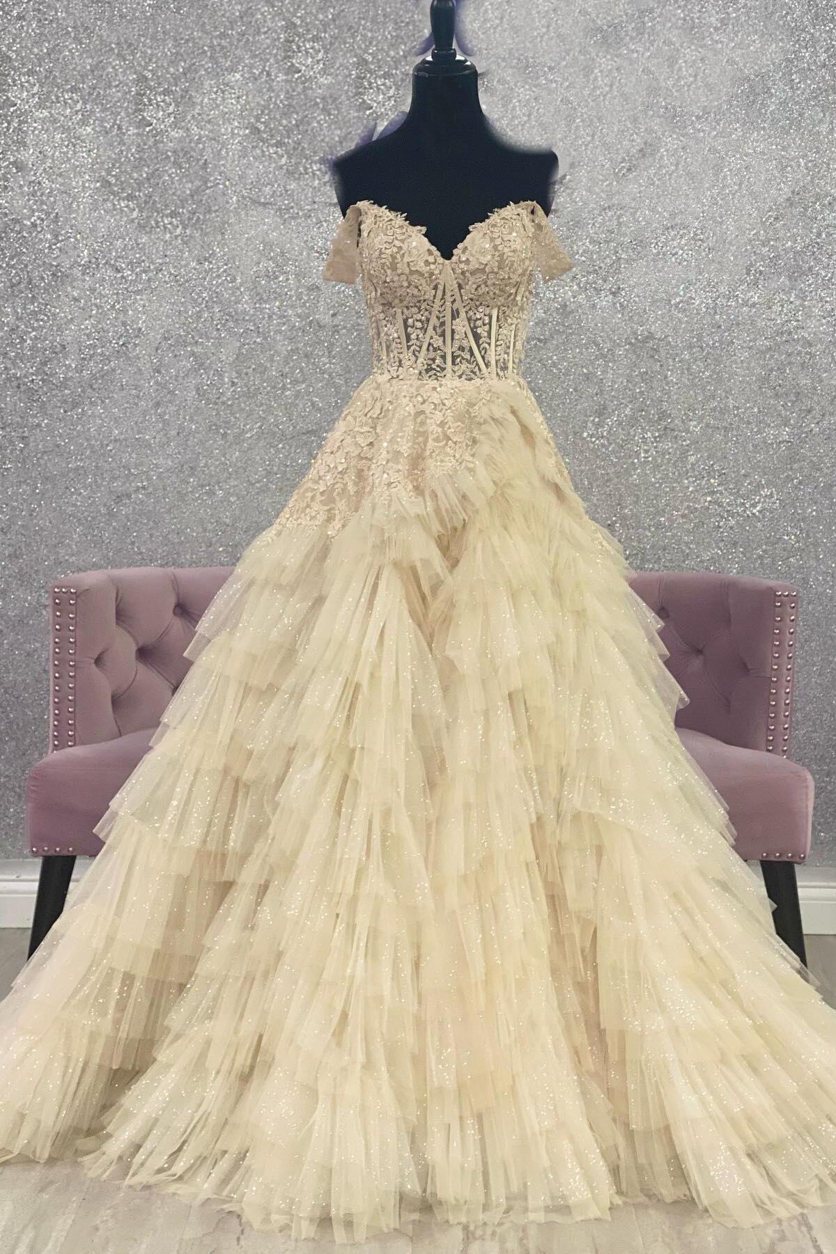 Cute Ball Gown Off the Shoulder Champagne Tiered Tulle Prom Dress with Appliques