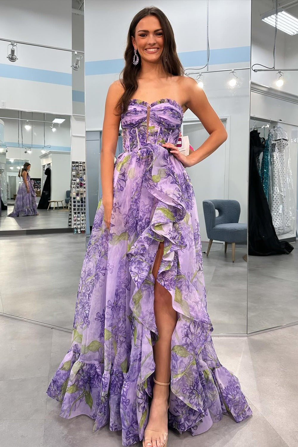 Cute Sheath Sweetheart Floral Prom Dresses With Detachable Sleeves