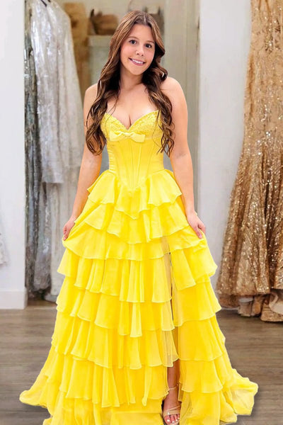 Fuchsia A Line Sweetheart Chiffon Ruffled Long Formal Prom Dresses With Bow