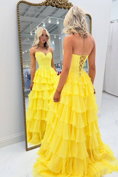 Fuchsia A Line Sweetheart Chiffon Ruffled Long Formal Prom Dresses With Bow