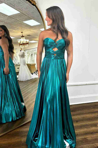 Charming A Line Jade Sweetheart Pleated Metallic Satin Prom Dresses