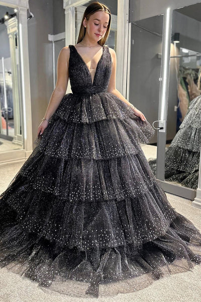 Cute A Line Lavender Sparkly Tulle Tiered Long Prom Dresses