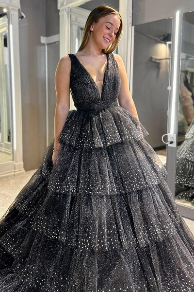 Cute A Line Lavender Sparkly Tulle Tiered Long Prom Dresses