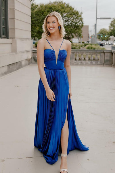 Cute V Neck Royal Blue Pleated Satin Prom Dress with Bow Back