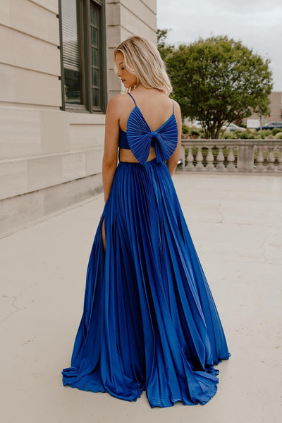 Cute V Neck Royal Blue Pleated Satin Prom Dress with Bow Back
