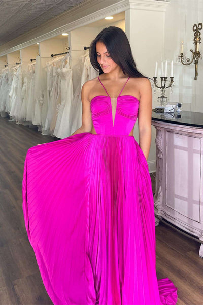 Cute V Neck Royal Blue Pleated Satin Prom Dress with Bow Back