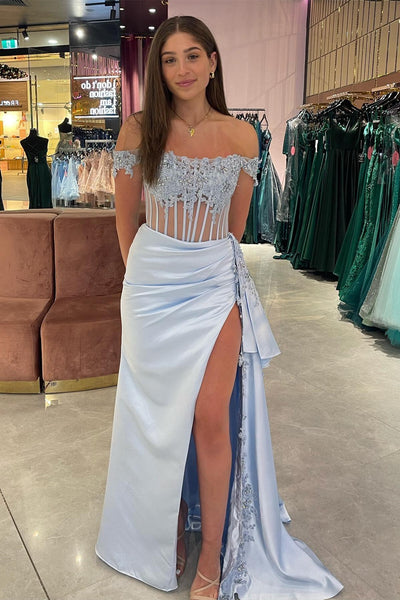 Charming Mermaid Off the Shoulder Burgundy Satin Prom Dress With Appliques