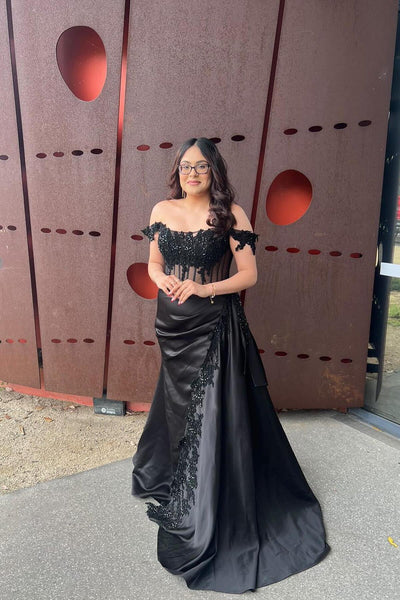 Charming Mermaid Off the Shoulder Burgundy Satin Prom Dress With Appliques