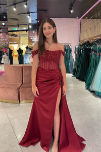 Charming Mermaid Off the Shoulder Burgundy Satin Prom Dress With Appliques