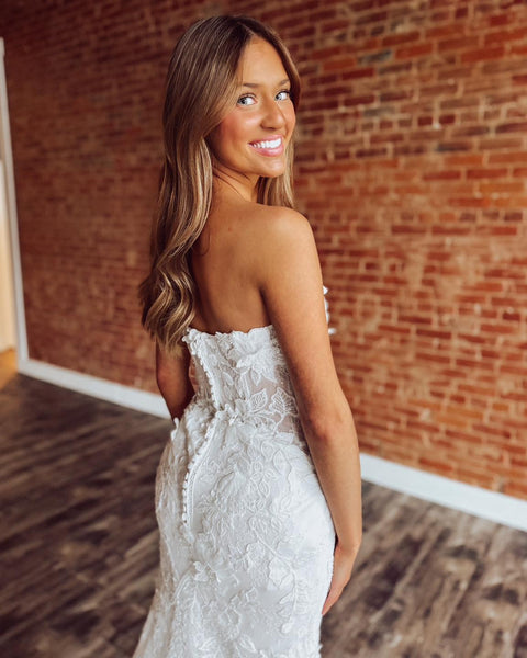 Strapless Mermaid Tulle Bridal Wedding Dresses Lace Appliqued Bride Wedding Gowns