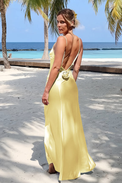 Sky Blue Spaghetti Straps Sheath Satin Backless Long Formal Prom Dresses With Flower