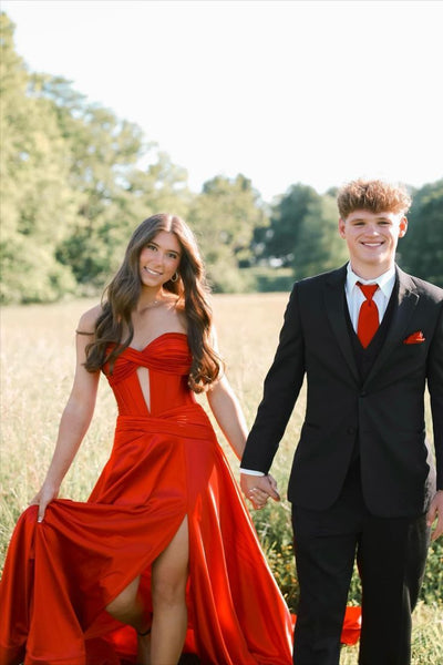 Cute A Line Sweetheart Keyhole Burgundy Satin Slit Prom Dress
