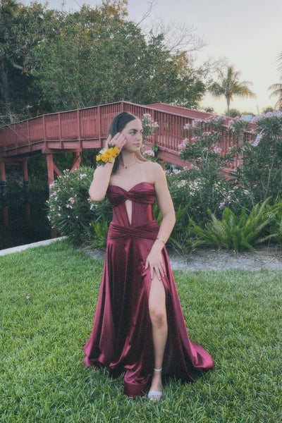 Cute A Line Sweetheart Keyhole Burgundy Satin Slit Prom Dress