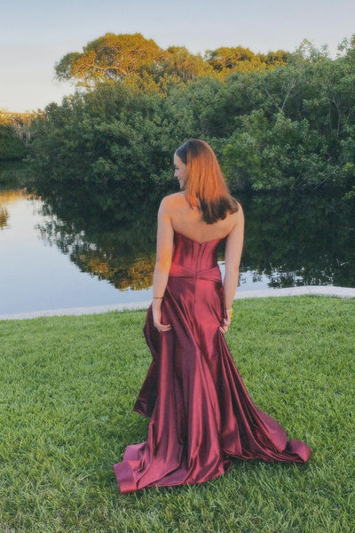 Cute A Line Sweetheart Keyhole Burgundy Satin Slit Prom Dress