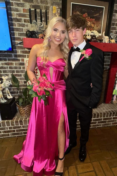 Cute A Line Sweetheart Keyhole Burgundy Satin Slit Prom Dress