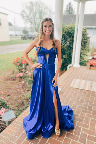 Cute A Line Sweetheart Keyhole Burgundy Satin Slit Prom Dress