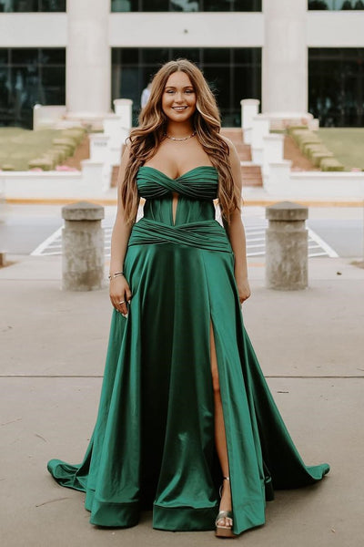Cute A Line Sweetheart Keyhole Burgundy Satin Slit Prom Dress