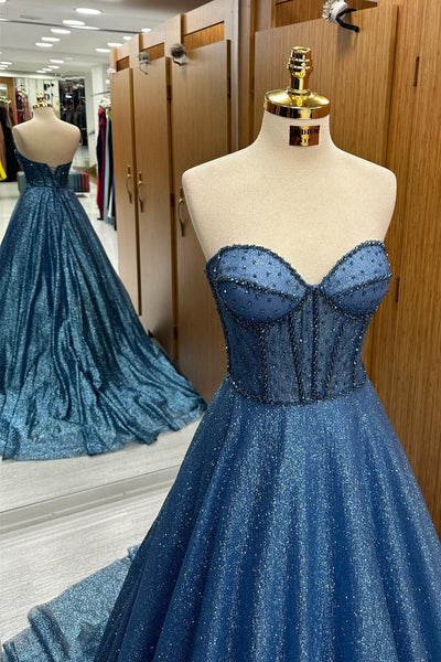 Sparkly Ball Gown Sweehteart Navy Blue Glitter Tulle Long Prom Dress
