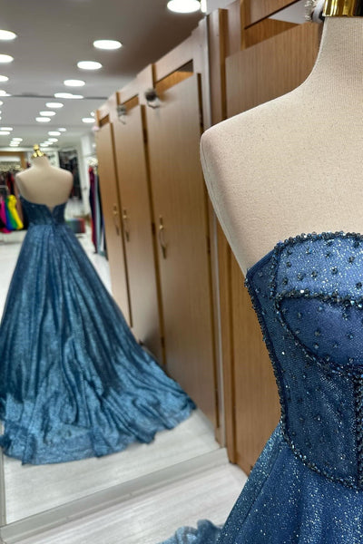 Sparkly Ball Gown Sweehteart Navy Blue Glitter Tulle Long Prom Dress