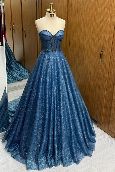 Sparkly Ball Gown Sweehteart Navy Blue Glitter Tulle Long Prom Dress