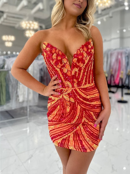 Black Strapless V Neck Sequins Bodycon Short Homecoming Dresses