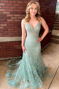 Charming Mermaid V Neck Sage Lace Prom Dress