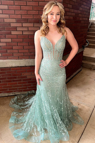 Charming Mermaid V Neck Sage Lace Prom Dress