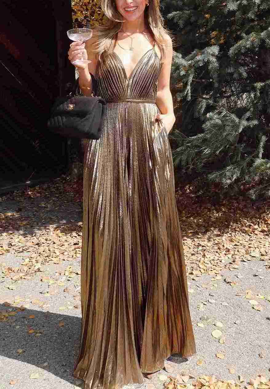 Fashion A Line V Neck Gold Metallic Pleat Satin Long Prom Dress