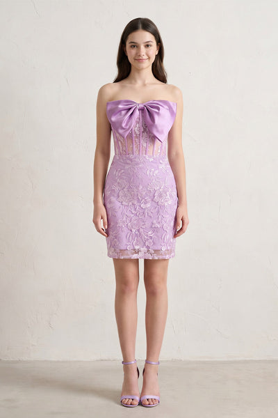 Pink Bodycon Sequined Lace Strapless Corset Homecoming Dresses with Bow