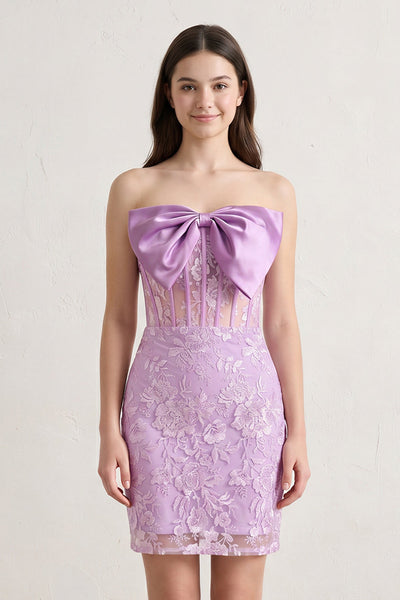 Pink Bodycon Sequined Lace Strapless Corset Homecoming Dresses with Bow