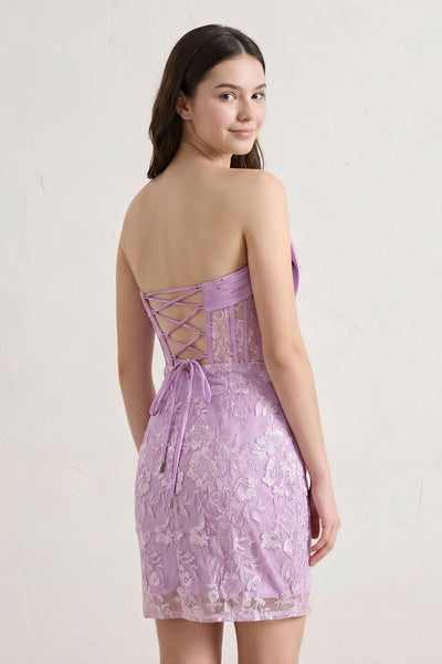Pink Bodycon Sequined Lace Strapless Corset Homecoming Dresses with Bow