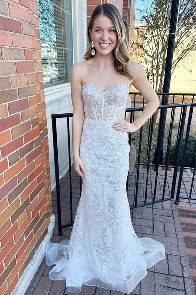 Cute Mermaid White Off The Shoulder Sequins Lace Long Prom Dress with Long Sleeves