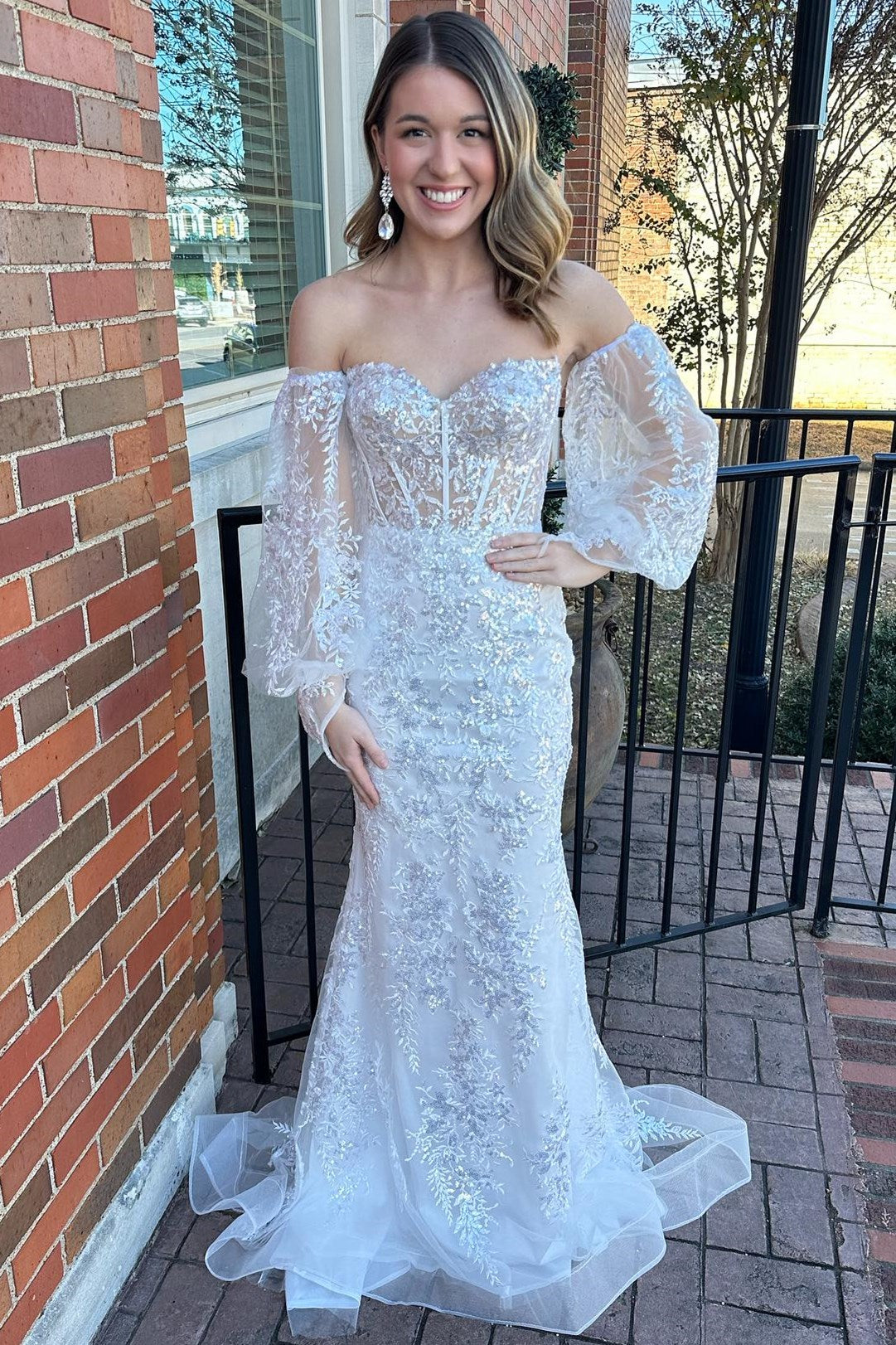 Cute Mermaid White Off The Shoulder Sequins Lace Long Prom Dress with Long Sleeves