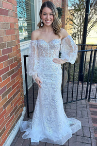 Cute Mermaid White Off The Shoulder Sequins Lace Long Prom Dress with Long Sleeves